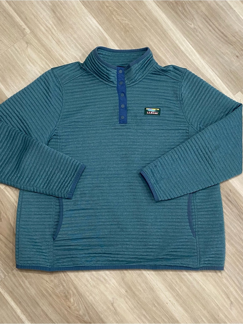LL Bean Pullover Womens 1X Reg Blue Quilted Ribbed Fleece Snap T Neck Sweater